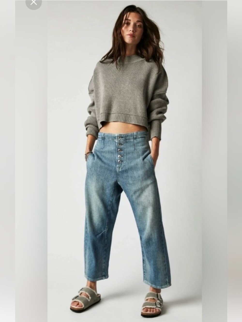 Free People We The Free Osaka Mid-Rise Cropped Barrel Jeans 25 Light Blue Boho